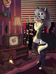 Size: 1280x1698 | Tagged: suggestive, artist:lw-88, loona (vivzmind), canine, fictional species, hellhound, mammal, anthro, digitigrade anthro, hazbin hotel, helluva boss, 2022, bedroom eyes, black nose, blep, breasts, butt, clothes, collar, colored sclera, covering breasts, detailed background, digital art, ears, eyelashes, female, fingerless gloves, fur, gloves, hair, hell, legwear, looking at you, looking back, looking back at you, nudity, one eye closed, partial nudity, paw pads, paws, plushie, pose, rear view, red sclera, sideboob, smiling, smiling at you, solo, solo female, spiked collar, stockings, tail, television, thighs, tongue, tongue out, toy, white body, white fur, wide hips, window, winking