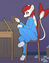 Size: 1685x2162 | Tagged: safe, artist:puetsua, oc, oc only, oc:rachel dashner, cervid, deer, dragon, fictional species, hybrid, mammal, anthro, digitigrade anthro, 2022, barefoot, chair, clothes, commission, deeragon, drawing, female, interspecies offspring, offspring, pajamas, paws, pencil, solo, solo female, tail, trashcan, wings