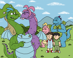 Size: 1552x1228 | Tagged: dead source, safe, artist:toonidae, cassie (dragon tales), emmy (dragon tales), max (dragon tales), ord (dragon tales), wheezie (dragon tales), zak (dragon tales), dragon, fictional species, human, mammal, western dragon, semi-anthro, dragon tales, pbs, 2d, brother, brother and sister, child, conjoined, conjoined twins, dragoness, female, fraternal twins, group, male, multiple heads, siblings, sister, twins, two heads, two-headed dragon, young