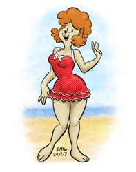 Size: 750x950 | Tagged: safe, artist:largehadronkalidah, agnes barkley (the barkleys), canine, dog, mammal, poodle, anthro, the barkleys, barefoot, beach, breasts, curled hair, feet, female, greeting, hair, looking at you, ocean, open mouth, open smile, red hair, sand, sky, smiling, smiling at you, solo, solo female, thick thighs, thighs, toes, water, wide hips