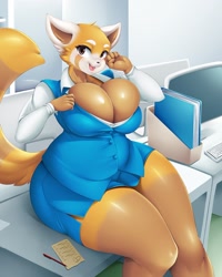 Size: 980x1225 | Tagged: safe, artist:mleonheart, retsuko (aggretsuko), mammal, red panda, anthro, aggretsuko, sanrio, 2022, black nose, blushing, bottomwear, breasts, clothes, digital art, ears, eyelashes, female, fur, huge breasts, looking at you, office, open mouth, shirt, sitting, skirt, slightly chubby, solo, solo female, tail, thick thighs, thighs, tongue, topwear