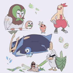 Size: 600x600 | Tagged: safe, artist:mikripkm, bird, combusken, empoleon, farfetch'd, fictional species, piplup, rowlet, sirfetch'd, torchic, feral, nintendo, pokémon, 2022, 2d, 2d animation, ambiguous gender, animated, beak, behaving like a bird, crying, cute, digital art, eyebrows, eyes closed, frame by frame, fur, gif, hair, kicking, leek, on model, open mouth, poking, simple background, sliding, starter pokémon, tail, tongue, white background