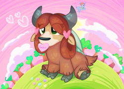 Size: 1950x1399 | Tagged: safe, artist:rainbow eevee, yona (mlp), mammal, yak, feral, friendship is magic, hasbro, my little pony, 2022, brown hair, candy, candy hearts, cloud, cute, digital art, eye through hair, female, food, fur, grass, green eyes, hair, heart, holding, holiday, monkey swings, mouth hold, multicolored fur, plant, sitting, solo, solo female, sun, sunset, text, tree, two toned body, two toned fur, valentine's day