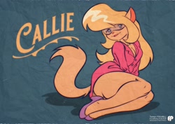 Size: 3340x2361 | Tagged: safe, artist:fox-popvli, callie brigs (swat kats), cat, feline, mammal, anthro, hanna-barbera, swat kats, big breasts, big butt, blonde hair, blue eyes, breasts, butt, cleavage, female, glasses, hair, long hair, looking at you, open mouth, open smile, smiling, smiling at you, solo, solo female, thick thighs, thighs, wide hips