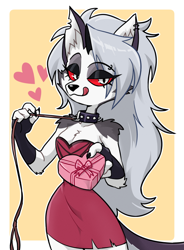 Size: 590x800 | Tagged: safe, artist:centinel303, loona (vivzmind), canine, fictional species, hellhound, mammal, anthro, hazbin hotel, helluva boss, 2022, border, breasts, clothes, dress, ears, female, gray hair, hair, holiday, leash, licking, licking lips, long hair, looking at you, smiling, smiling at you, solo, solo female, tail, tongue, tongue out, valentine's day, white border