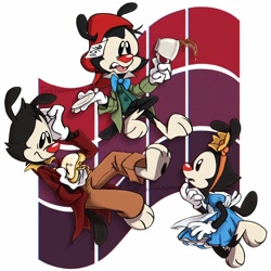 Size: 1500x1500 | Tagged: safe, artist:hammerspaced, alice (disney's alice in wonderland), dot warner (animaniacs), mad hatter (disney's alice in wonderland), wakko warner (animaniacs), white rabbit (disney's alice in wonderland), yakko warner (animaniacs), animaniac (species), fictional species, anthro, plantigrade anthro, alice in wonderland (1951), animaniacs, disney, warner brothers, brother, brother and sister, brothers, clothes, costume, female, group, male, siblings, sister, trio