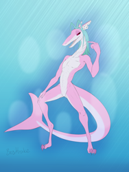Size: 2448x3264 | Tagged: safe, artist:bestbake, fish, reptile, shark, anthro, 4 toes, claws, colored sclera, ears, featureless crotch, gills, hair, long tail, looking at another, male, nudity, pink body, pinup, pointing, pointing at self, red eyes, red sclera, requiem shark, slim, solo, solo male, tail, teeth showing