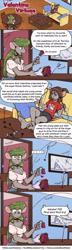Size: 800x2764 | Tagged: safe, artist:t-kay, mammal, mouse, rodent, anthro, arrows, barefoot, between breasts, big breasts, bouquet, breasts, comic, comic strip, couch, duo, feet, feet on table, female, flower, holiday, plant, rose, soles, teenager, toes, toy, valentine's day