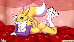 Size: 1920x1087 | Tagged: safe, artist:lamont786, fictional species, renamon, anthro, digimon, 2020, breasts, butt, ears, featureless breasts, female, holiday, looking at you, smiling, smiling at you, solo, solo female, tail, thighs, valentine's day