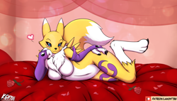 Size: 1920x1087 | Tagged: safe, artist:lamont786, fictional species, renamon, anthro, digimon, 2020, breasts, butt, ears, featureless breasts, female, holiday, looking at you, smiling, smiling at you, solo, solo female, tail, thighs, valentine's day