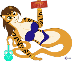 Size: 4745x4000 | Tagged: safe, artist:parclytaxel, oc, oc only, oc:tori taxel, big cat, feline, fictional species, genie, mammal, tiger, anthro, .svg available, absurd resolution, bra, bracelet, breasts, chinese new year, chinese text, clothes, fangs, floating, jewelry, looking at you, lying down, midriff, on side, panties, red packet, sharp teeth, signature, simple background, smiling, smiling at you, solo, teeth, transparent background, underwear, vase, vector, year of the tiger