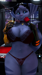 Size: 1080x1920 | Tagged: suggestive, artist:yamimarik1994, rivet (r&c), fictional species, lombax, mammal, anthro, ratchet & clank, 2022, 3d, 9:16, belly button, big breasts, bra, breasts, clothes, digital art, ears, eyelashes, female, fur, goggles, goggles on head, hair, holiday, looking at you, open mouth, open smile, panties, phone, pink nose, prosthetic arm, prosthetics, smiling, smiling at you, solo, solo female, source filmmaker, tail, thighs, underwear, valentine's day, wide hips