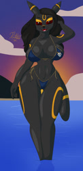Size: 626x1280 | Tagged: suggestive, artist:collinscorpio, oc, oc only, oc:nikki (collinscorpio), eeveelution, fictional species, mammal, umbreon, anthro, nintendo, pokémon, 2022, absolute cleavage, anthrofied, armpits, arms behind head, beach, bedroom eyes, bikini, black nose, breasts, cleavage, clothes, digital art, ears, eyelashes, female, fur, glasses, hair, midriff, ocean, open mouth, pose, sharp teeth, skinny dipping, solo, solo female, swimsuit, tail, teeth, thighs, tongue, water, wide hips