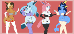 Size: 1280x600 | Tagged: suggestive, artist:collinscorpio, oc, oc only, oc:aurora gladiolus (collinscorpio), oc:brook (collinscorpio), oc:roxy newgate (collinscorpio), oc:scarlet helleborne (collinscorpio), eevee, eeveelution, fictional species, glaceon, mammal, sylveon, vaporeon, anthro, nintendo, pokémon, 2021, bedroom eyes, big breasts, black nose, bra, breasts, clothes, digital art, ears, evening gloves, eyelashes, female, females only, fingerless gloves, fur, gloves, hair, legwear, long gloves, looking at you, meme, panties, pose, ribbons (body part), sharp teeth, simple background, solo, solo female, stockings, tail, tattoo, teeth, thighs, underwear, wide hips