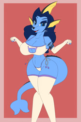 Size: 853x1280 | Tagged: suggestive, artist:collinscorpio, oc, oc only, oc:brook (collinscorpio), eeveelution, fictional species, mammal, vaporeon, anthro, nintendo, pokémon, 2021, 5 fingers, bedroom eyes, belly button, big breasts, bikini, black nose, blue body, blue eyes, blue eyeshadow, blue fur, blue hair, bra, breasts, clothes, digital art, ears, evening gloves, eyelashes, female, fingerless gloves, fur, gloves, hair, legwear, lingerie, long gloves, looking at you, open mouth, panties, pink border, pose, seductive, sexy, simple background, solo, solo female, stockings, swimsuit, tail, tattoo, thick, thick thighs, thighs, thong, tongue, underwear, wide hips