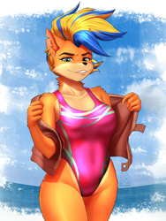 Size: 4500x6000 | Tagged: safe, artist:mykegreywolf, tawna bandicoot (crash bandicoot), bandicoot, mammal, marsupial, anthro, crash bandicoot (series), 2022, absurd resolution, blue hair, breasts, clothes, ear fluff, ear piercing, earring, ears, eyebrows, eyelashes, female, fluff, fur, hair, jacket, looking at you, multicolored hair, one-piece swimsuit, orange body, orange fur, piercing, pirate tawna, shoulder fluff, solo, solo female, swimsuit, teal eyes, topwear, torn ear, two toned hair, undressing, yellow hair
