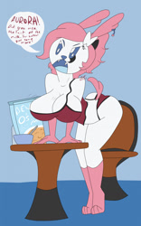 Size: 797x1280 | Tagged: suggestive, artist:collinscorpio, oc, oc only, oc:scarlet helleborne (collinscorpio), eeveelution, fictional species, mammal, sylveon, anthro, digitigrade anthro, nintendo, pokémon, 2021, bent over, big breasts, black nose, bra, breasts, butt, cereal, chair, clothes, dialogue, digital art, ears, eyelashes, female, fur, hair, lingerie, open mouth, panties, ribbons (body part), sharp teeth, solo, solo female, speech bubble, table, tail, talking, teeth, text, thighs, tongue, unamused, underwear, wide hips