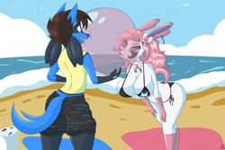 Size: 1280x853 | Tagged: suggestive, artist:collinscorpio, oc, oc only, oc:scarlet helleborne (collinscorpio), eeveelution, fictional species, lucario, mammal, sylveon, anthro, nintendo, pokémon, 2021, beach, bedroom eyes, bent over, big breasts, bikini, black nose, bottomwear, breasts, bubblegum, butt, clothes, commission, digital art, duo, ears, eyelashes, female, fur, hair, hanging breasts, male, male/female, ocean, rear view, ribbons (body part), shorts, swimsuit, tail, thighs, water, wide hips