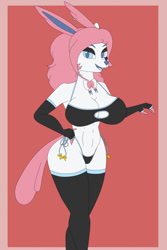 Size: 853x1280 | Tagged: suggestive, artist:collinscorpio, oc, oc only, oc:scarlet helleborne (collinscorpio), eeveelution, fictional species, mammal, sylveon, anthro, nintendo, pokémon, 2021, bedroom eyes, belly button, big breasts, black nose, bra, breasts, clothes, digital art, ears, evening gloves, eyelashes, female, fingerless gloves, fur, gloves, hair, hand on hip, legwear, lingerie, long gloves, looking at you, meme, open mouth, panties, pose, ribbons (body part), sharp teeth, solo, solo female, stockings, tail, teeth, thighs, tongue, underwear, wide hips