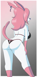 Size: 639x1280 | Tagged: suggestive, artist:collinscorpio, oc, oc only, oc:scarlet helleborne (collinscorpio), eeveelution, fictional species, mammal, sylveon, anthro, nintendo, pokémon, 2021, bikini, black nose, breasts, butt, clothes, digital art, ears, eyelashes, female, fur, hair, pose, rear view, ribbons (body part), sideboob, simple background, solo, solo female, swimsuit, tail, thighs, wedgie, wide hips