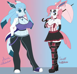 Size: 1280x1239 | Tagged: safe, artist:collinscorpio, oc, oc only, oc:aurora gladiolus (collinscorpio), oc:scarlet helleborne (collinscorpio), eeveelution, fictional species, glaceon, mammal, sylveon, anthro, nintendo, pokémon, 2020, bedroom eyes, belly button, big breasts, black nose, boots, bottomwear, breasts, clothes, digital art, dress, duo, duo female, ear piercing, ears, evening gloves, eyelashes, female, females only, fur, gloves, goth, hair, hands in pockets, jacket, long gloves, looking at you, pants, piercing, pose, ribbons (body part), shirt, shoes, simple background, skirt, tail, thighs, topwear, wide hips
