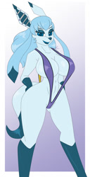 Size: 656x1280 | Tagged: suggestive, artist:collinscorpio, oc, oc only, oc:aurora gladiolus (collinscorpio), eeveelution, fictional species, glaceon, mammal, anthro, nintendo, pokémon, 2022, bedroom eyes, belly button, big breasts, bikini, black nose, breasts, clothes, digital art, ear piercing, ears, eyelashes, female, fur, hair, looking at you, open mouth, piercing, pose, simple background, sling bikini, solo, solo female, swimsuit, tail, thighs, tongue, wide hips