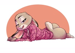 Size: 1280x905 | Tagged: suggestive, artist:8doubleu, judy hopps (zootopia), lagomorph, mammal, rabbit, anthro, disney, zootopia, 2021, bedroom eyes, blushing, bottomless, buckteeth, butt, clothes, digital art, ears, eyelashes, female, floppy ears, fur, nudity, open mouth, partial nudity, pink nose, pose, shirt, solo, solo female, tail, teeth, tongue, topwear