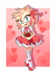 Size: 1536x2048 | Tagged: safe, artist:sakura_gracie, amy rose (sonic), hedgehog, mammal, anthro, sega, sonic the hedgehog (series), 2022, abstract background, black nose, border, bouquet, bow, cream body, cream fur, cream hair, female, flower, fur, green eyes, hair accessory, heart, looking at you, open mouth, outline, plant, red dress, rose, solo, solo female, white border, white outline