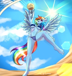 Size: 3800x4000 | Tagged: suggestive, artist:cali luminos, rainbow dash (mlp), equine, fictional species, mammal, pegasus, pony, anthro, plantigrade anthro, friendship is magic, hasbro, my little pony, 2022, anthrofied, beachwear, bikini, cameltoe, clothes, fanart, feathered wings, feathers, female, high res, sexy, solo, solo female, swimsuit, underwear, wings