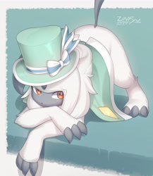 Size: 4240x4880 | Tagged: safe, artist:zinfyu, absol, fictional species, mammal, feral, nintendo, pokémon, 2021, black nose, border, claws, clothes, digital art, ears, eyelashes, face down ass up, female, fluff, fur, hair, hat, headwear, horn, looking at you, neck fluff, simple background, solo, solo female, tail, white border