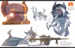 Size: 3840x2460 | Tagged: safe, artist:zinfyu, absol, fictional species, mammal, feral, nintendo, pokémon, 2021, black nose, claws, clothes, digital art, ears, eyelashes, female, fluff, fur, glasses, gun, hair, hat, headwear, horn, looking at you, neck fluff, one eye closed, rifle, sniper rifle, solo, solo female, tail, weapon
