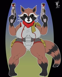 Size: 2000x2500 | Tagged: safe, artist:wolzard, rocket raccoon (marvel), mammal, procyonid, raccoon, anthro, digitigrade anthro, guardians of the galaxy, marvel, 2019, black nose, breasts, commission, digital art, eyelashes, female, fur, gun, handgun, rule 63, shortstack, solo, solo female, tail, thighs, weapon, wide hips