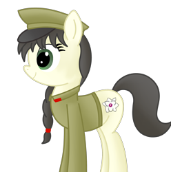 Size: 2552x2576 | Tagged: safe, alternate version, anonymous artist, oc, oc only, oc:mokran, earth pony, equine, fictional species, mammal, pony, hasbro, my little pony, braid, clothes, female, hair, hat, headwear, high res, hooves, image, mare, military uniform, nation ponies, north korea, ponified, simple background, smiling, solo, solo female, tail, transparent background, uniform