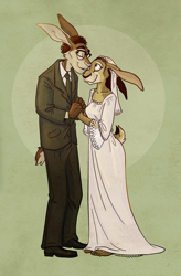 Size: 600x915 | Tagged: safe, artist:skurvies, hare, lagomorph, mammal, anthro, age difference, barefoot, breasts, buckteeth, clothes, dress, duo, eyes closed, feet, female, glasses, hippie, male, romantic, romantic couple, short, smiling, tall, teeth, toes, wedding dress