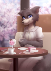 Size: 1551x2160 | Tagged: safe, artist:blooming-lynx, juno (beastars), canine, mammal, wolf, anthro, beastars, 2022, clothes, dress, ears, female, looking at you, smiling, smiling at you, solo, solo female, tail