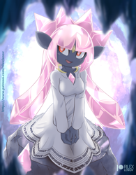 Size: 961x1230 | Tagged: safe, artist:rilexlenov, diancie, fictional species, legendary pokémon, mythical pokémon, anthro, cc by-nc-sa, creative commons, nintendo, pokémon, 2022, anthrofied, breasts, clothes, dress, ears, female, hair, long hair, pink hair, smiling, solo, solo female