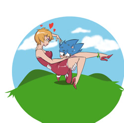 Size: 1204x1200 | Tagged: safe, artist:amatamama, madonna (sonic), sonic the hedgehog (sonic), hedgehog, human, mammal, anthro, sega, sonic the hedgehog (series), 2021, anklet, blushing, bridal carry, carrying, clothes, dress, female, fish eye, heart, heels, hill, kiss mark, larger female, lipstick, love heart, makeup, male, male/female, outdoors, running, shipping, size difference, smaller male, touching, touching ear