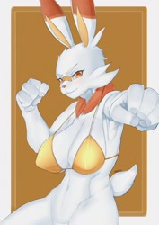 Size: 905x1280 | Tagged: suggestive, artist:nekomimi56, fictional species, lagomorph, mammal, rabbit, scorbunny, anthro, nintendo, pokémon, 2019, bedroom eyes, belly button, big breasts, bikini, bikini top, bottomless, breasts, clothes, digital art, ears, eyelashes, female, fur, looking at you, nipple outline, nudity, partial nudity, pose, solo, solo female, starter pokémon, swimsuit, tail, thighs, wide hips
