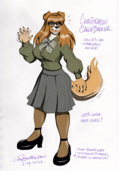Size: 1146x1650 | Tagged: safe, artist:bigmansini, oc, oc:callie barker (zp92), canine, collie, dog, mammal, anthro, big breasts, bottomwear, breasts, clothes, female, glasses, greeting, looking at you, open mouth, open smile, short skirt, skirt, smiling, smiling at you, solo, solo female, wide hips