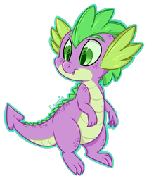 Size: 735x866 | Tagged: safe, artist:esmeia, spike (mlp), dragon, fictional species, reptile, scaled dragon, semi-anthro, friendship is magic, hasbro, my little pony, 2017, green eyes, green scales, looking at something, looking back, male, purple body, scales, signature, simple background, smiling, solo, solo male, tail, transparent background