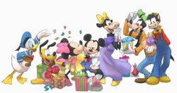 Size: 600x317 | Tagged: safe, artist:natsu-nori, clarabelle cow (disney), donald duck (disney), goofy (disney), horace horsecollar (disney), mickey mouse (disney), minnie mouse (disney), pluto (disney), bird, bovid, canine, cattle, cow, dog, duck, equine, horse, mammal, mouse, rodent, waterfowl, anthro, feral, disney, mickey and friends, 2d, female, furry confusion, group, male, male/female, mickeyminnie (disney), shipping, simple background, white background