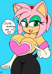 Size: 1394x1981 | Tagged: safe, artist:nr_ac, amy rose (sonic), rouge the bat (sonic), hedgehog, mammal, anthro, sega, sonic the hedgehog (series), 2020, bedroom eyes, big breasts, breasts, clothes, clothing theft, cosplay, dialogue, digital art, ears, eyelashes, female, fur, gloves, hair, looking at you, open mouth, simple background, solo, solo female, speech bubble, tail, talking, text, thighs, tongue, wide hips