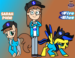 Size: 1739x1359 | Tagged: safe, artist:mrstheartist, oc, oc only, oc:fireblue, oc:sarah (human), oc:sarah pone, earth pony, equine, fictional species, human, mammal, pegasus, pony, feral, friendship is magic, hasbro, my little pony, base used, black outline, cap, clothes, female, gradient background, group, hat, headwear, hoodie, looking back, rule 63, self upload, snapback, topwear, trio, unzipped