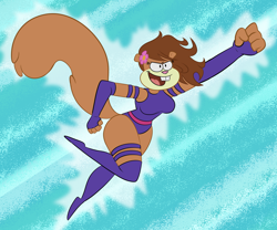 Size: 1920x1600 | Tagged: safe, artist:scobionicle99, psylocke (marvel), sandy cheeks (spongebob), mammal, rodent, squirrel, anthro, nickelodeon, spongebob squarepants (series), cosplay, female, flower, flower in hair, flying, hair, hair accessory, plant, solo, solo female, style emulation
