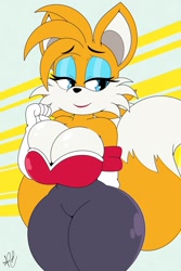 Size: 1368x2048 | Tagged: suggestive, alternate version, artist:nr_ac, miles "tails" prower (sonic), rouge the bat (sonic), canine, fox, mammal, red fox, anthro, sega, sonic the hedgehog (series), 2021, bedroom eyes, big breasts, breast squish, breasts, clothes, cosplay, digital art, ears, eyelashes, female, fuision, fur, fusion, gloves, hair, mila "tails" prower, multiple tails, rule 63, simple background, solo, solo female, tail, tailsko, thighs, two tails, vixen, wide hips