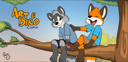 Size: 1024x498 | Tagged: safe, artist:pandapaco, canine, fox, mammal, procyonid, raccoon, anthro, bottomwear, brown body, brown fur, clothes, comic cover, duo, duo male, ears, eyes closed, fur, gray body, gray fur, male, males only, orange body, orange fur, outdoors, pants, plant, shirt, signature, sitting, tail, topwear, tree