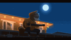 Size: 1244x700 | Tagged: safe, artist:letodoesart, chillhop raccoon, mammal, procyonid, raccoon, anthro, chillhop, 2021, 2d, 2d animation, ambiguous gender, animated, bottomwear, clothes, ears, eyes closed, fur, gif, guitar, headbob, hoodie, ledge, letterboxing, moon, mug, musical instrument, night, outdoors, pants, playing musical instrument, sitting, solo, solo ambiguous, tail, topwear