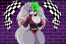 Size: 4560x3072 | Tagged: suggestive, artist:nr_ac, roxanne wolf (fnaf), canine, mammal, wolf, anthro, five nights at freddy's, five nights at freddy's: security breach, 2022, black nose, breasts, clothes, collar, digital art, ear piercing, earring, eyelashes, eyes closed, female, flag, green hair, hair, huge breasts, jacket, piercing, spiked belt, spiked collar, sports panties, thick thighs, thighs, topwear, wide hips