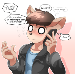 Size: 700x690 | Tagged: safe, alternate version, artist:alfa995, oc, oc only, oc:joey (alfa995), kangaroo, mammal, marsupial, anthro, 2019, black nose, blank eyes, blushing, cell phone, clothes, dialogue, digital art, ears, hair, implied incest, jacket, macropod, male, no pupils, phone, shirt, shocked, shocked expression, simple background, smartphone, solo, solo male, speech bubble, tail, talking, text, topwear