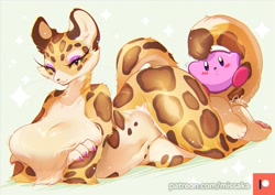 Size: 1415x1000 | Tagged: suggestive, artist:missaka_, clawroline (kirby), kirby (kirby), big cat, feline, leopard, mammal, anthro, kirby (series), nintendo, breasts, female, female focus, fluff, huge breasts, solo focus, tail, thick thighs, thighs, wide hips